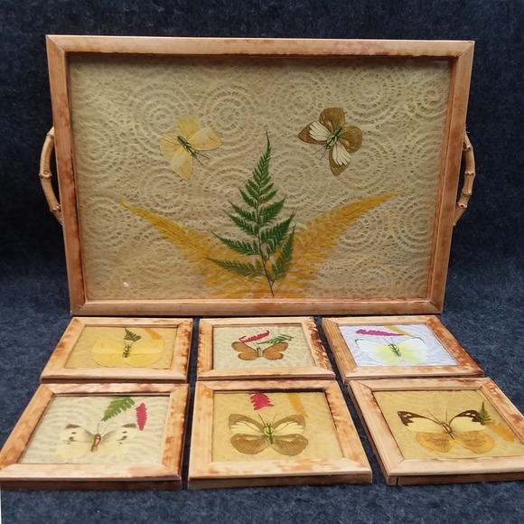 Vintage Butterfly Fern Tray and Coaster Set Pressed Botanical Art Decor - Picture 12 of 12
